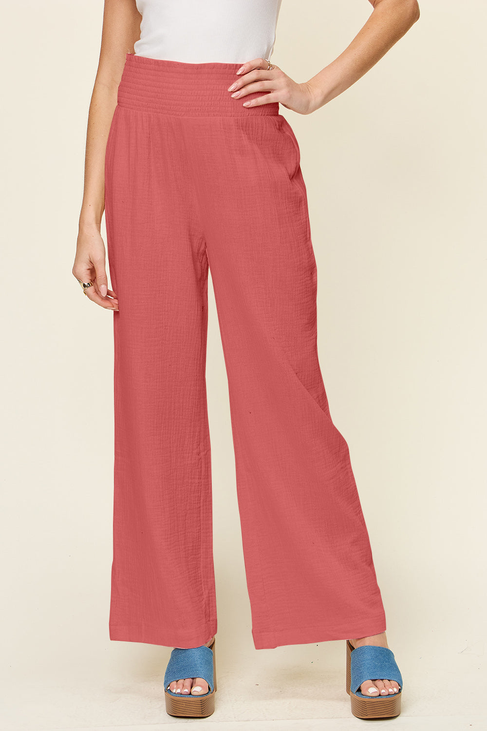 Double Take Full Size Texture Smocked Waist Wide Leg Pants Double Take Full Size Texture Smocked Waist Wide Leg Pants