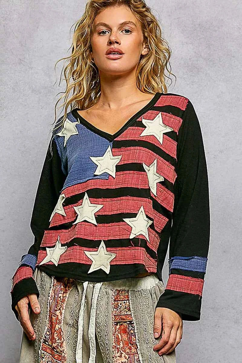 POL Double Gauze American Flag Patch V-Neck Long Sleeve T-Shirt POL Double Gauze American Flag Patch V-Neck Long Sleeve T-Shirt