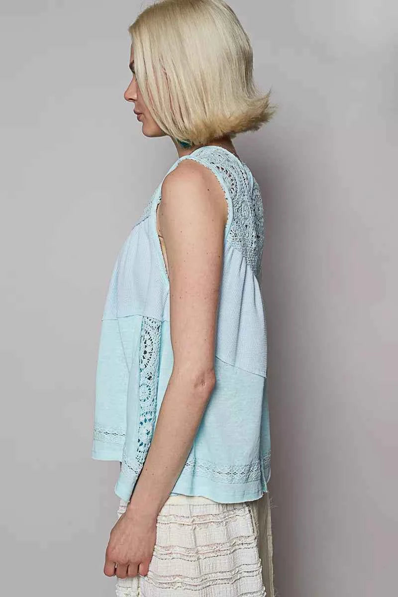 POL Round Neck Sleeveless Top with Crochet Contrast POL Round Neck Sleeveless Top with Crochet Contrast