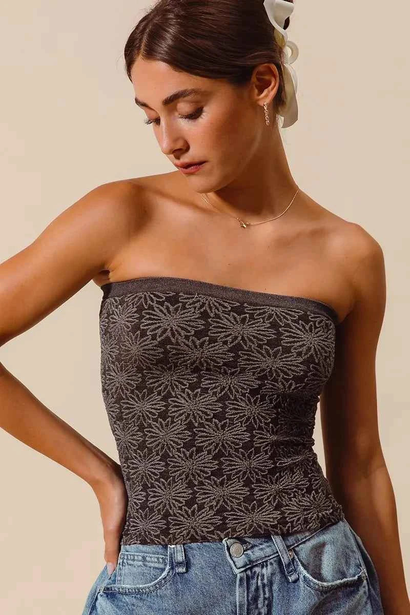 SO ME Jacquard Floral Two Tone Seamless Tube Top SO ME Jacquard Floral Two Tone Seamless Tube Top