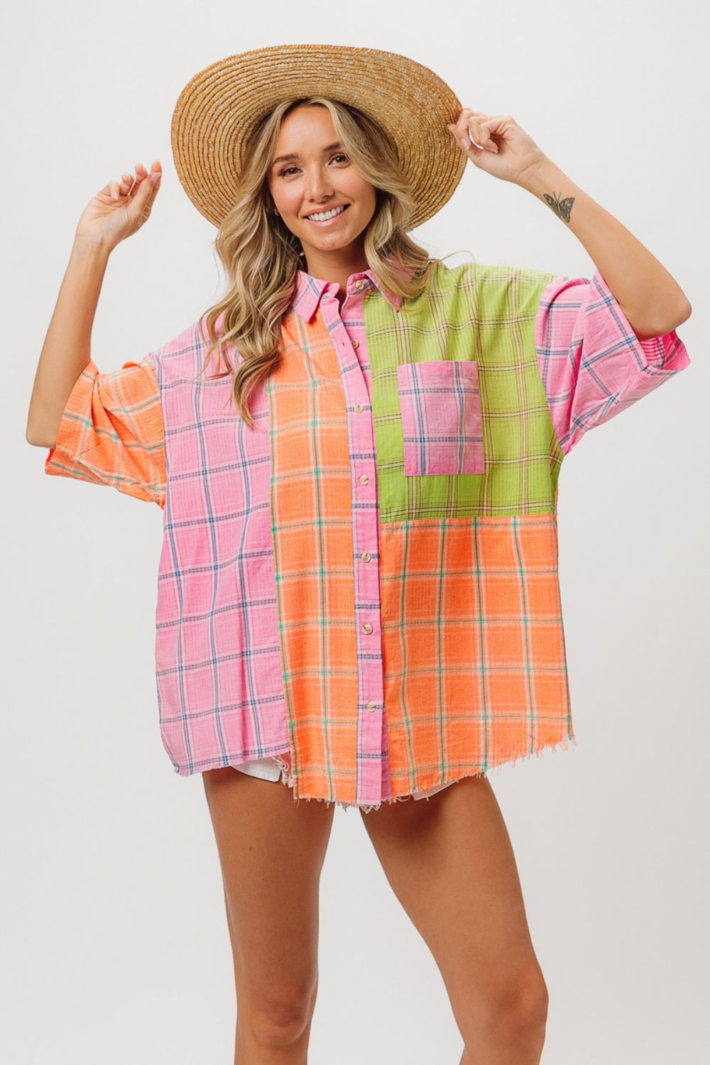 BiBi Plaid Collared Neck Half Sleeve Shirt BiBi Plaid Collared Neck Half Sleeve Shirt - TopFashionHQ