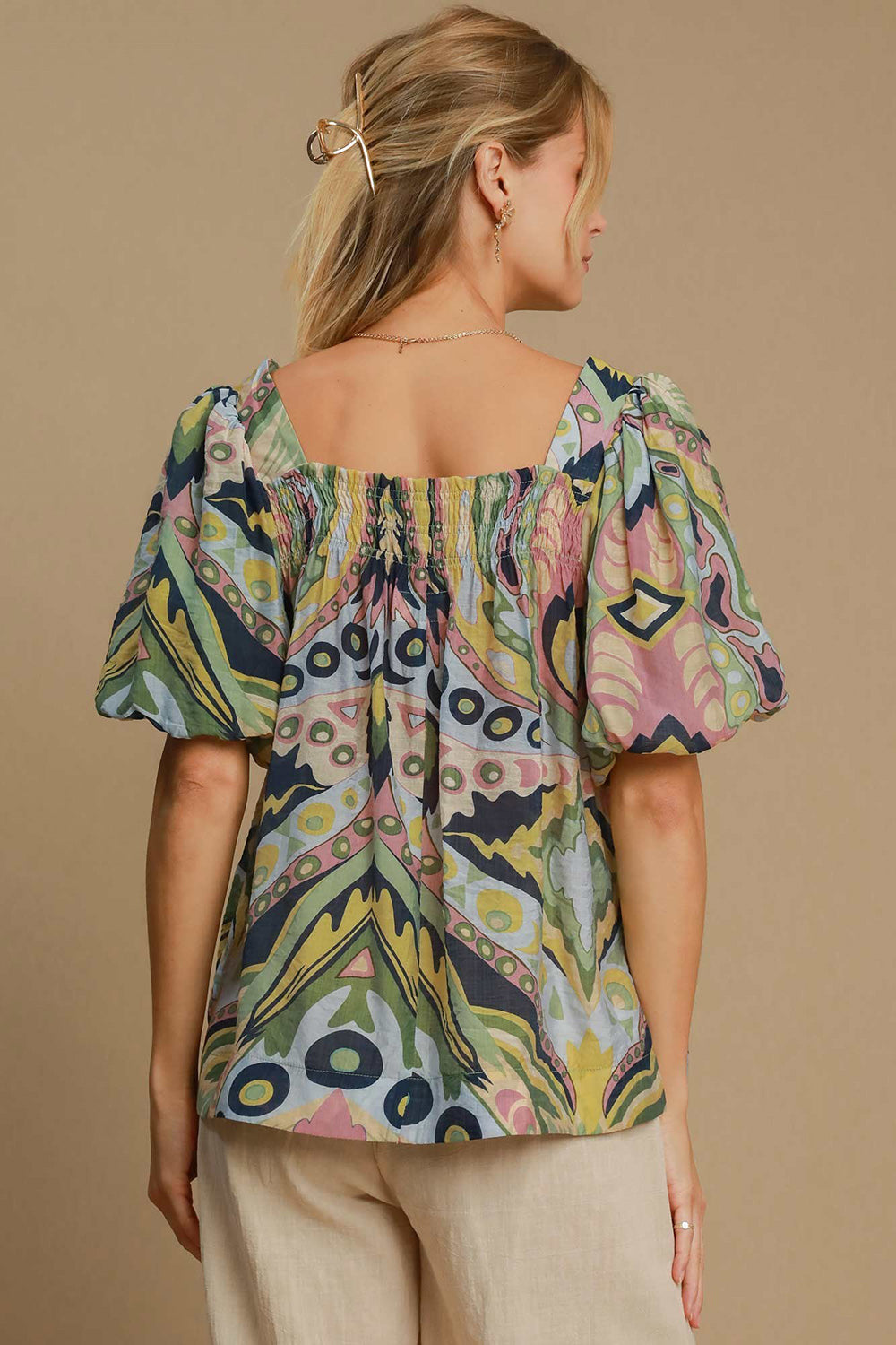 Umgee Full Size Abstract Print Smocked Square Neck Puff Sleeve Blouse Umgee Full Size Abstract Print Smocked Square Neck Puff Sleeve Blouse - TopFashionHQ