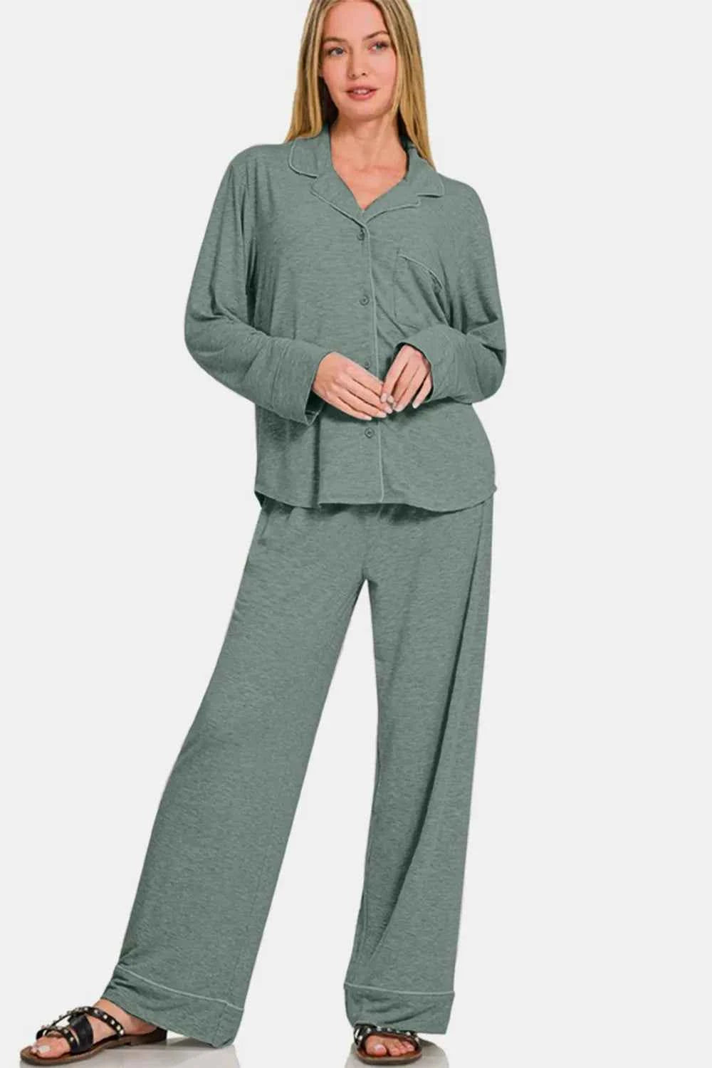 Zenana Button Down Long Sleeve Top and Pants Lounge Set Zenana Button Down Long Sleeve Top and Pants Lounge Set