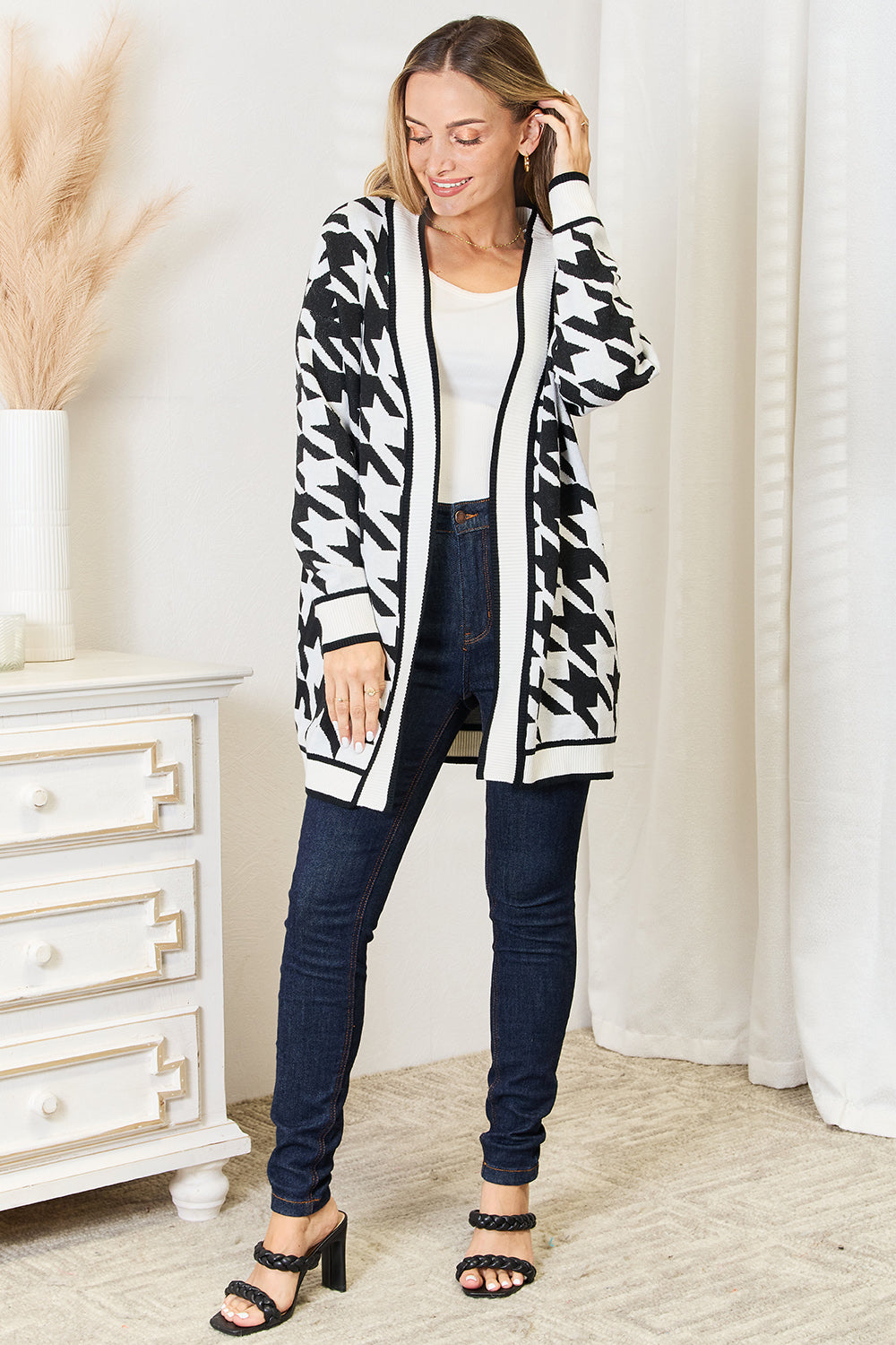 Woven Right Houndstooth Open Front Longline Cardigan Woven Right Houndstooth Open Front Longline Cardigan - TopFashionHQ