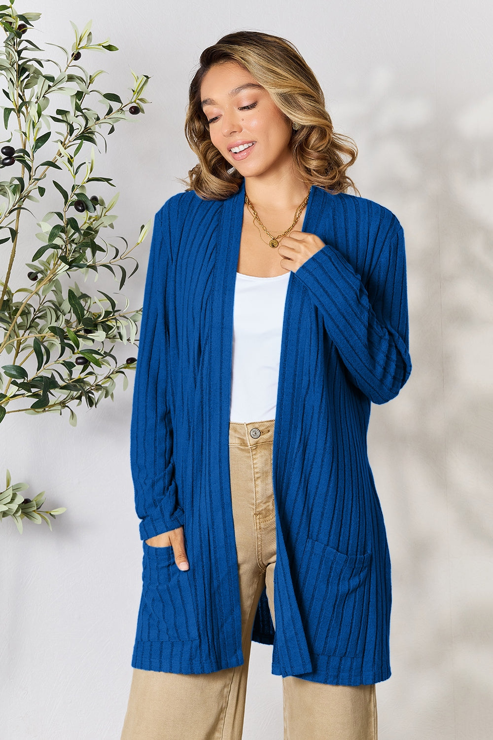 Basic Bae Full Size Ribbed Open Front Cardigan with Pockets Basic Bae Full Size Ribbed Open Front Cardigan with Pockets - TopFashionHQ