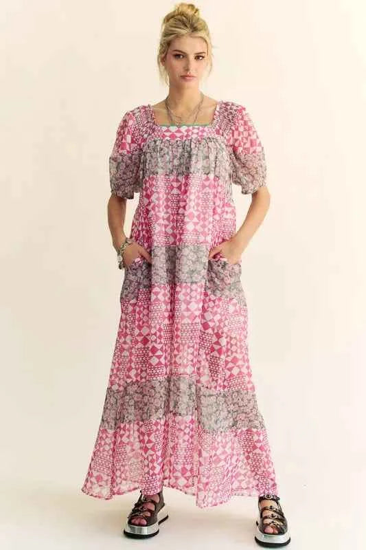 Davi & Dani Multi Floral Square Neck Puff Sleeve Maxi Dress Davi & Dani Multi Floral Square Neck Puff Sleeve Maxi Dress