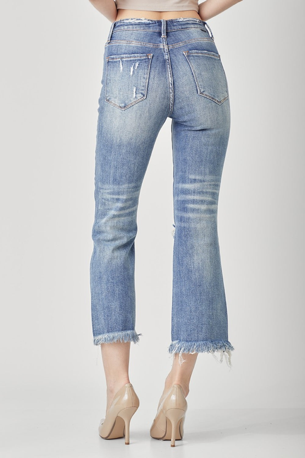RISEN High Waist Distressed Cropped Bootcut Jeans RISEN High Waist Distressed Cropped Bootcut Jeans - TopFashionHQ