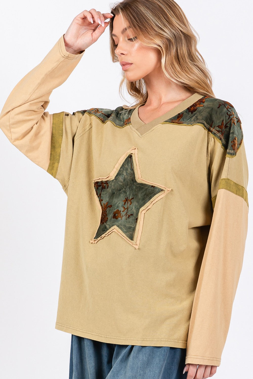 SAGE + FIG Star Patch Long Sleeve Color Block T-Shirt SAGE + FIG Star Patch Long Sleeve Color Block T-Shirt - TopFashionHQ