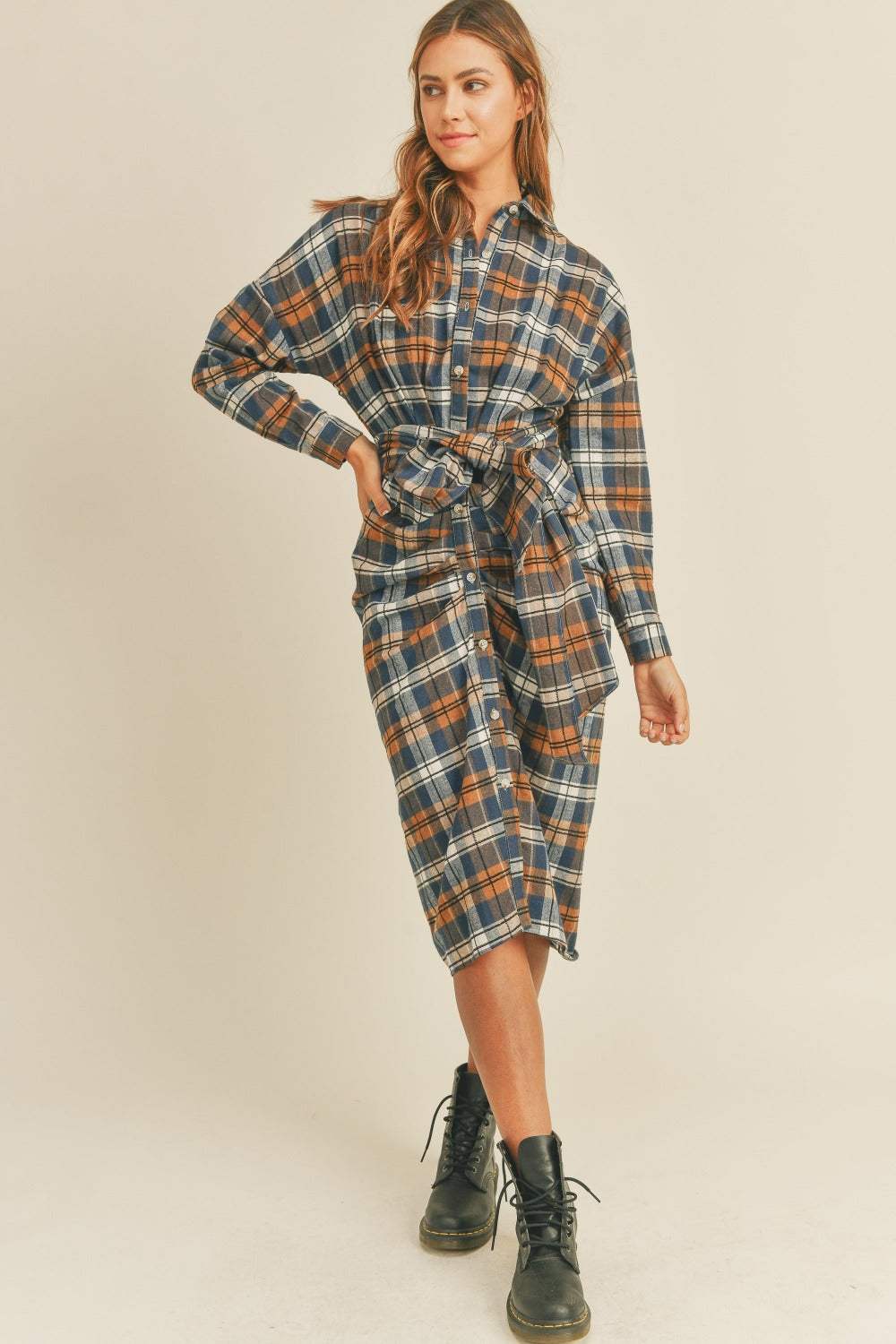 Mable Plaid Flannel Front Tie Button Down Shirt Dress Mable Plaid Flannel Front Tie Button Down Shirt Dress - TopFashionHQ