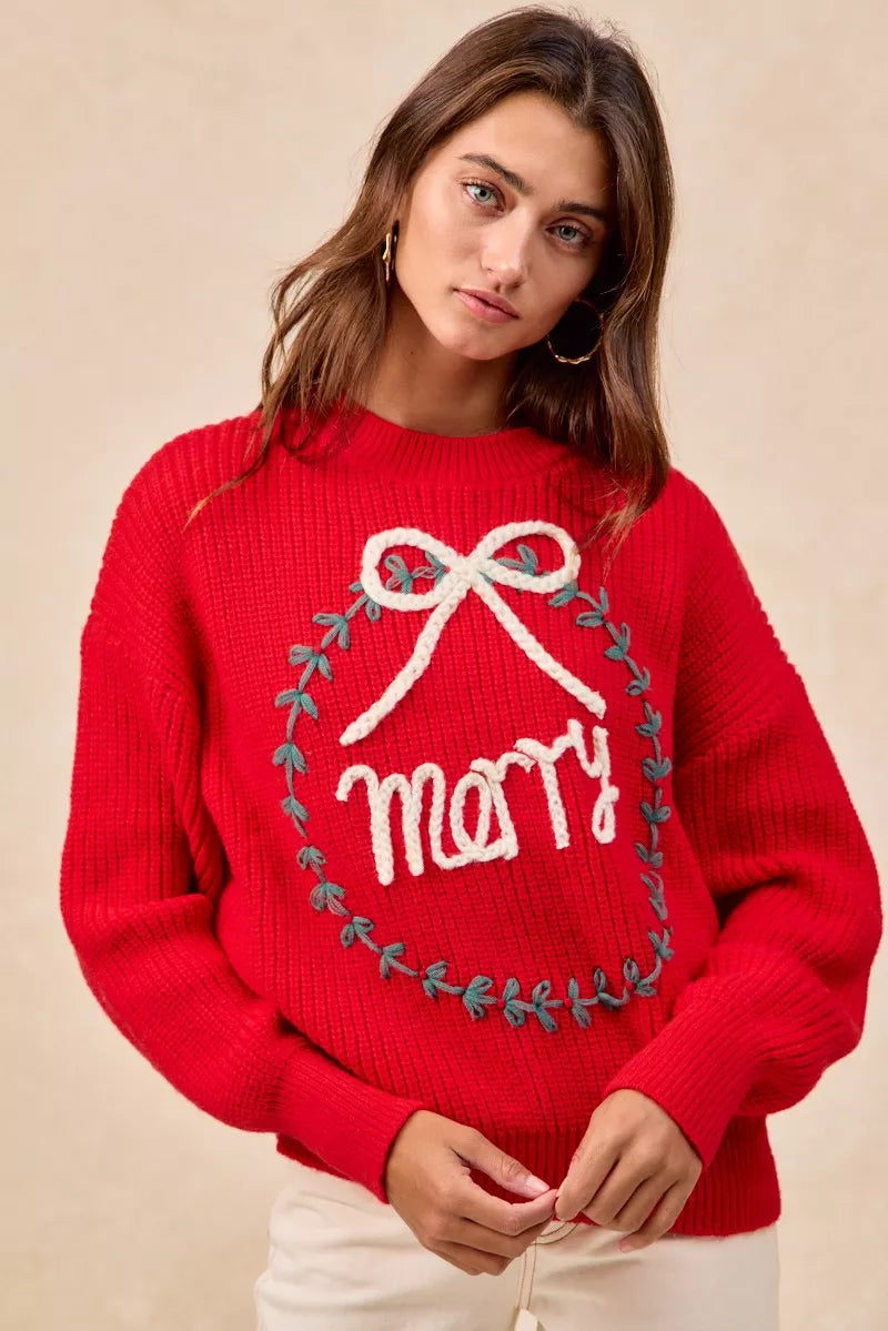 BiBi Christmas Wreath Merry Letter Knit Top 4001bb92f088429dbb588077d33b52c1-Max-Origin