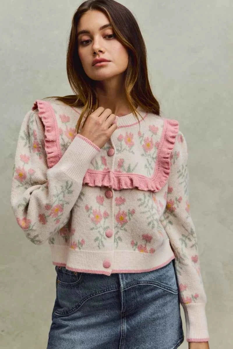SO ME Flower With Ruffle Detailing Sweater Cardigan SO ME Flower With Ruffle Detailing Sweater Cardigan