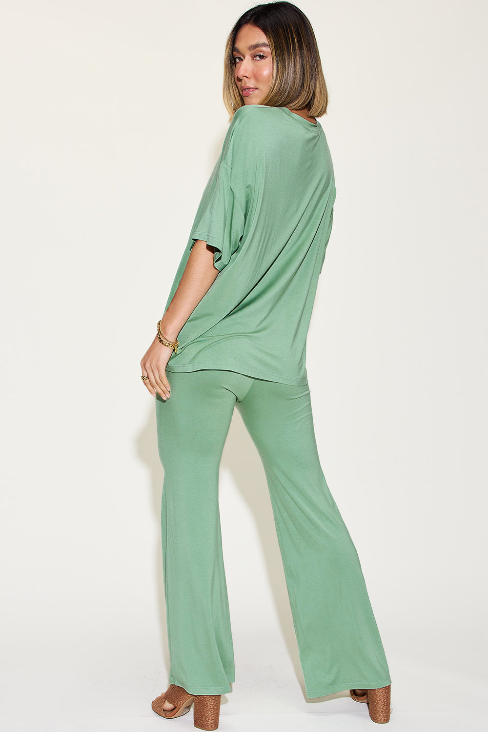 Basic Bae Full Size Bamboo Drop Shoulder T-Shirt and Flare Pants Set Basic Bae Full Size Bamboo Drop Shoulder T-Shirt and Flare Pants Set