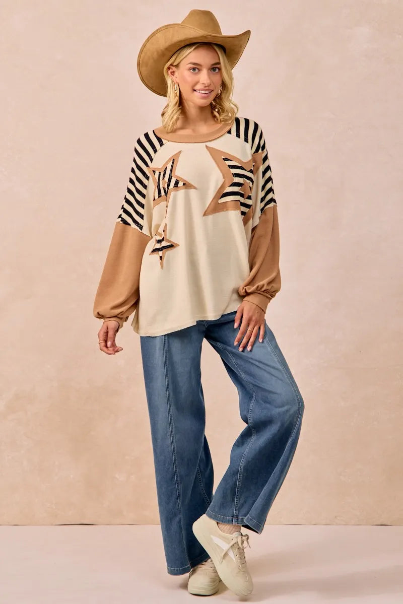 BiBi Star Patchwork Mixed Long Sleeve Top 40726a5646e146f1a30605d6efccc65f-Max-Origin