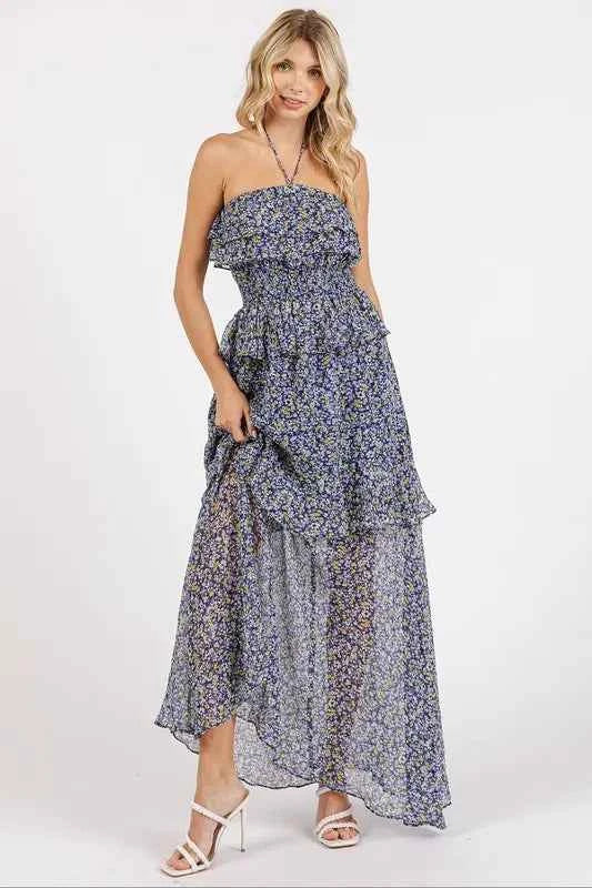 Mittoshop Ruffled Smocked Floral Halter Neck Maxi Dress Mittoshop Ruffled Smocked Floral Halter Neck Maxi Dress