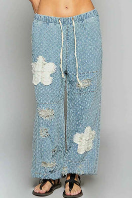 POL Floral Patch Washed Textured Twill Pants with Crochet See Thru Patch