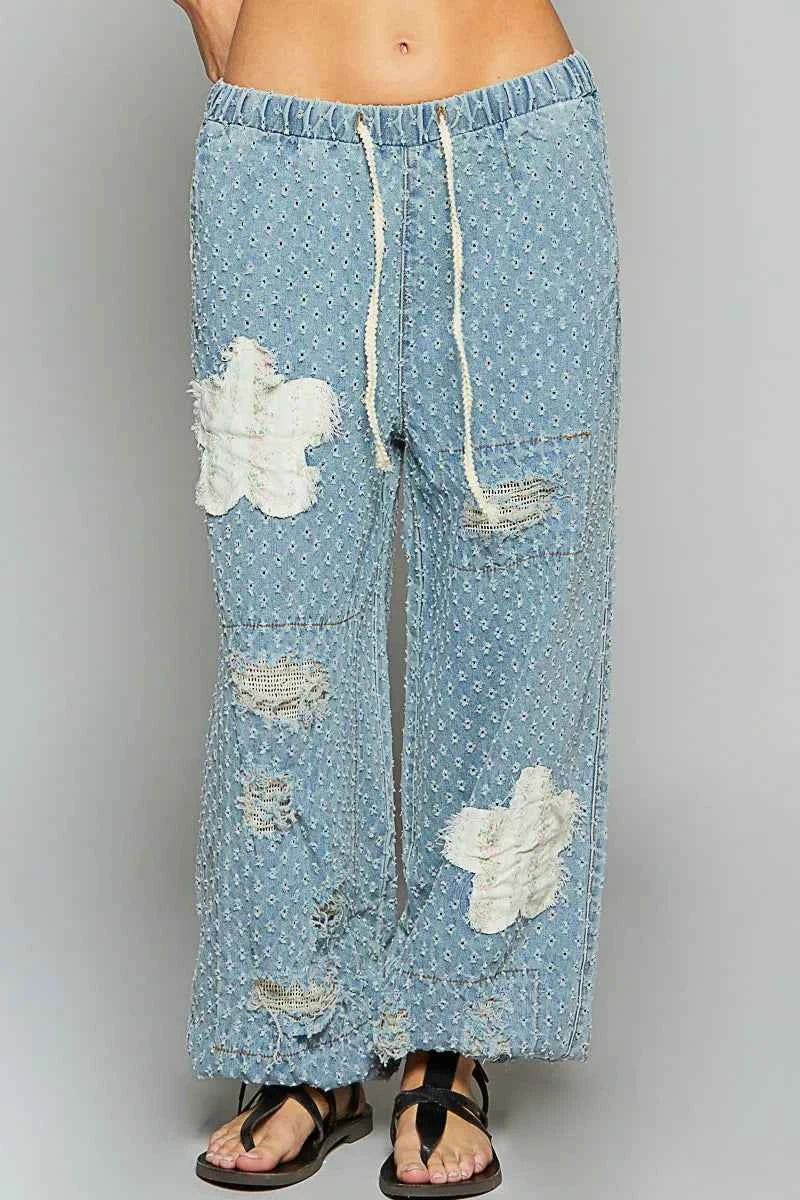 POL Floral Patch Washed Textured Twill Pants with Crochet See Thru Patch POL Floral Patch Washed Textured Twill Pants with Crochet See Thru Patch