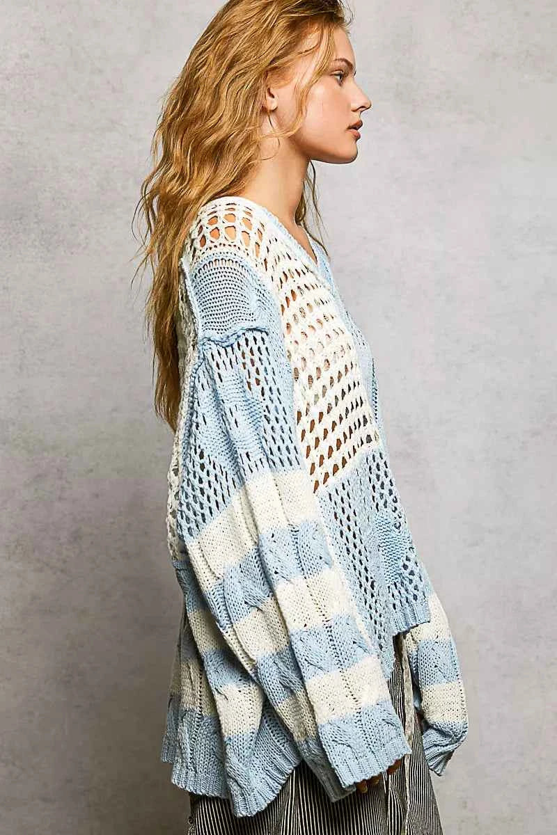 POL Color-Blocked Stripe Pattern Knit Top with Twisted Weave POL Color-Blocked Stripe Pattern Knit Top with Twisted Weave