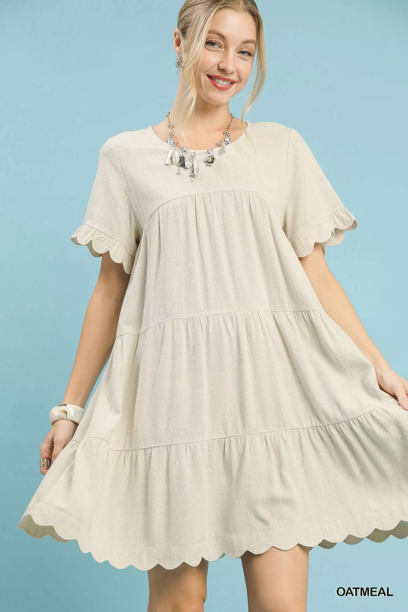 Umgee Linen Tiered Babydoll Dress with Ruffle Sleeves 40c5d384-5fd7-42d2-a952-beb7b262820f-Max-Origin