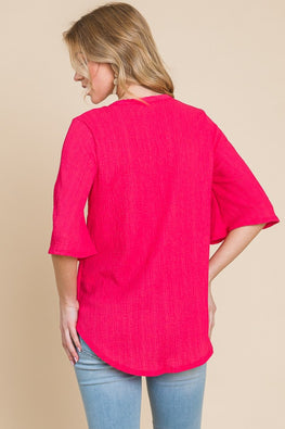 BOMBOM Texture Decorative Button V-Neck Top - TopFashionHQ