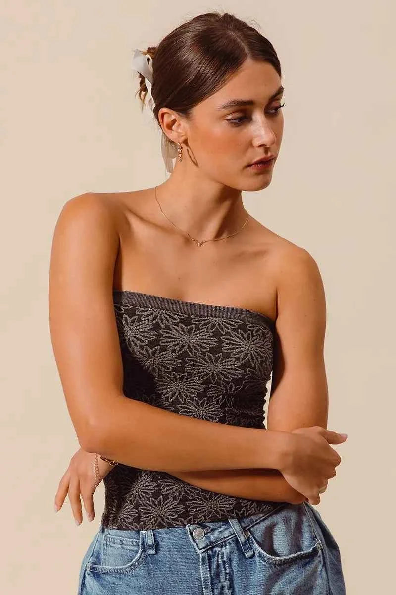 SO ME Jacquard Floral Two Tone Seamless Tube Top SO ME Jacquard Floral Two Tone Seamless Tube Top