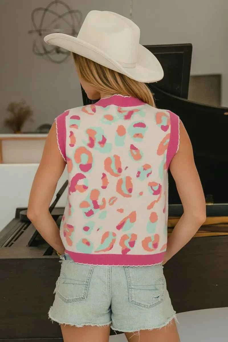 BiBi Leopard Sweater Vest With Front Tie and Scallop Detail BiBi Leopard Sweater Vest With Front Tie and Scallop Detail