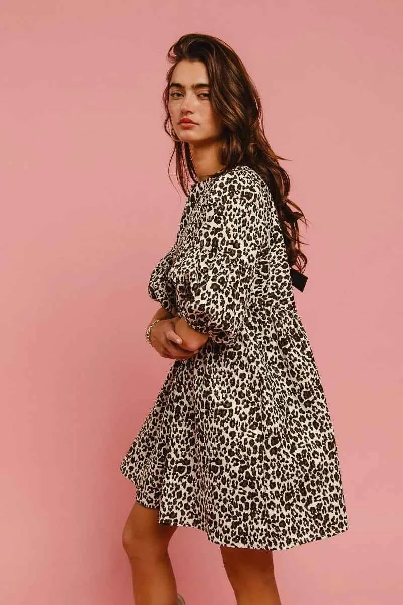 BiBi Leopard Denim Dress With Back Contrast Tie Detail BiBi Leopard Denim Dress With Back Contrast Tie Detail