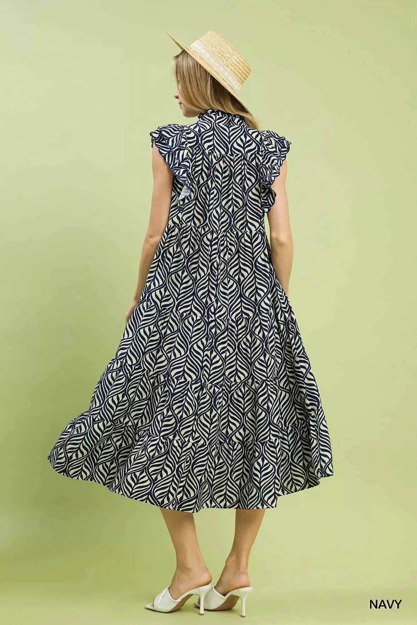 Umgee Leaf Print Tiered Midi Dress with Ruffle Detail Umgee Leaf Print Tiered Midi Dress with Ruffle Detail