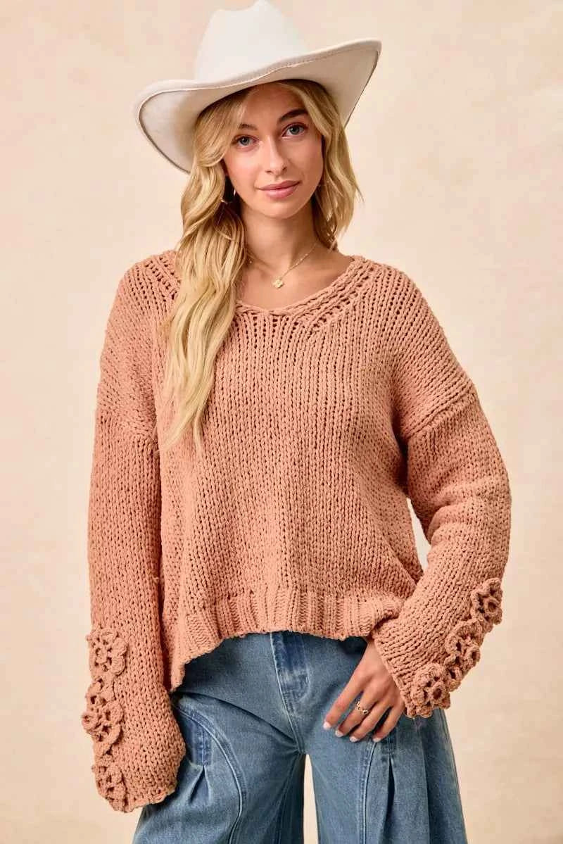 BiBi Chunky Knit Sweater with Flower Detail Sleeves BiBi Chunky Knit Sweater with Flower Detail Sleeves