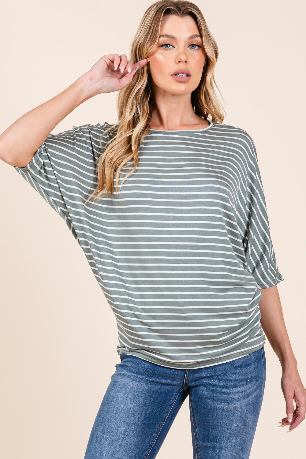 BOMBOM Striped Boat Neck Dolman Sleeve Top BOMBOM Striped Boat Neck Dolman Sleeve Top - TopFashionHQ