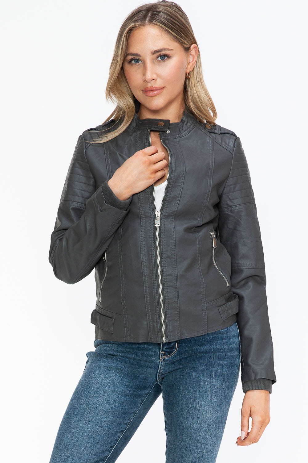 Snobbish PU Leather Biker Jacket with Side Zip Pockets Snobbish PU Leather Biker Jacket with Side Zip Pockets - TopFashionHQ