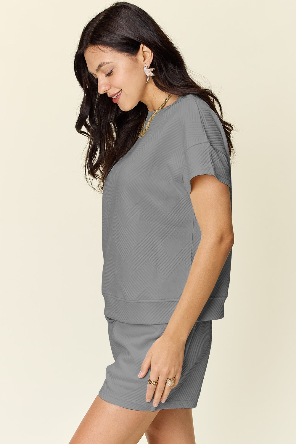 Double Take Full Size Texture Short Sleeve T-Shirt and Drawstring Shorts Set Double Take Full Size Texture Short Sleeve T-Shirt and Drawstring Shorts Set