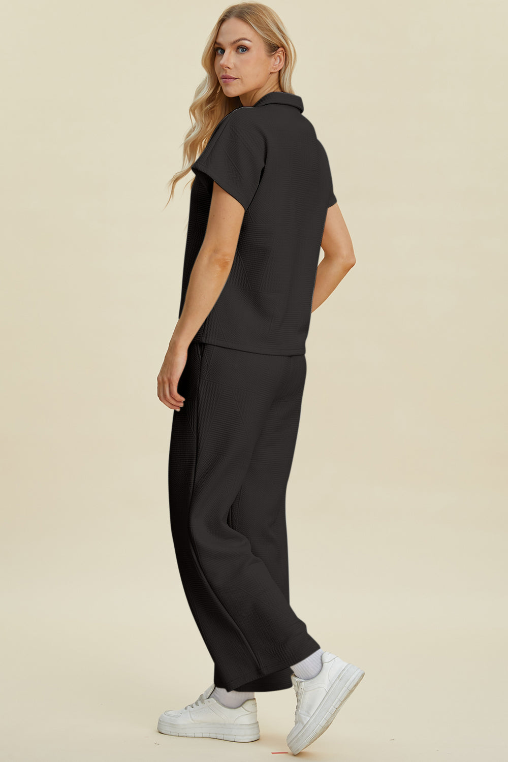 Double Take Full Size Collared Neck Short Sleeve Top and Pants Set Double Take Full Size Collared Neck Short Sleeve Top and Pants Set