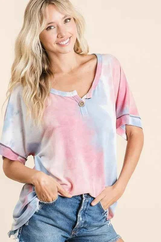 BiBi Tie Dye French Terry Top With Buttoned Placket BiBi Tie Dye French Terry Top With Buttoned Placket
