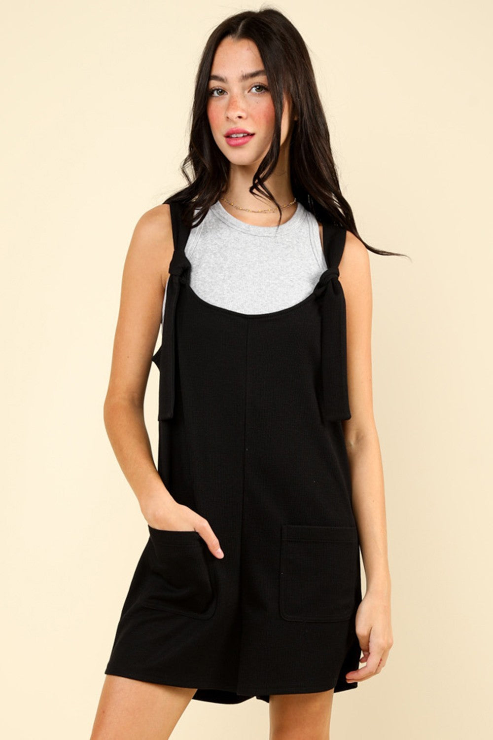 VERY J Tie Shoulder Front Pocket Romper VERY J Tie Shoulder Front Pocket Romper - TopFashionHQ