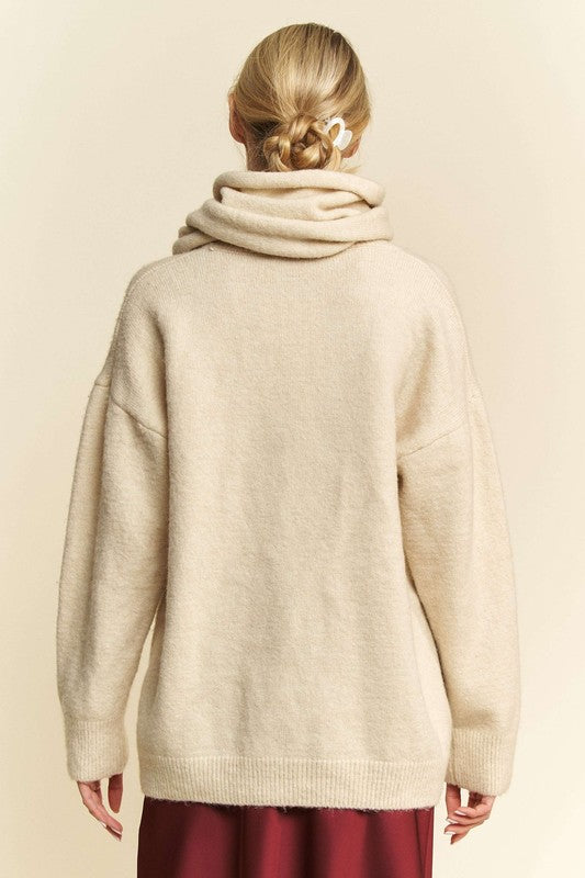 Davi & Dani V-Neck Dropped Shoulder Sweater with Scarf Davi & Dani V-Neck Dropped Shoulder Sweater with Scarf