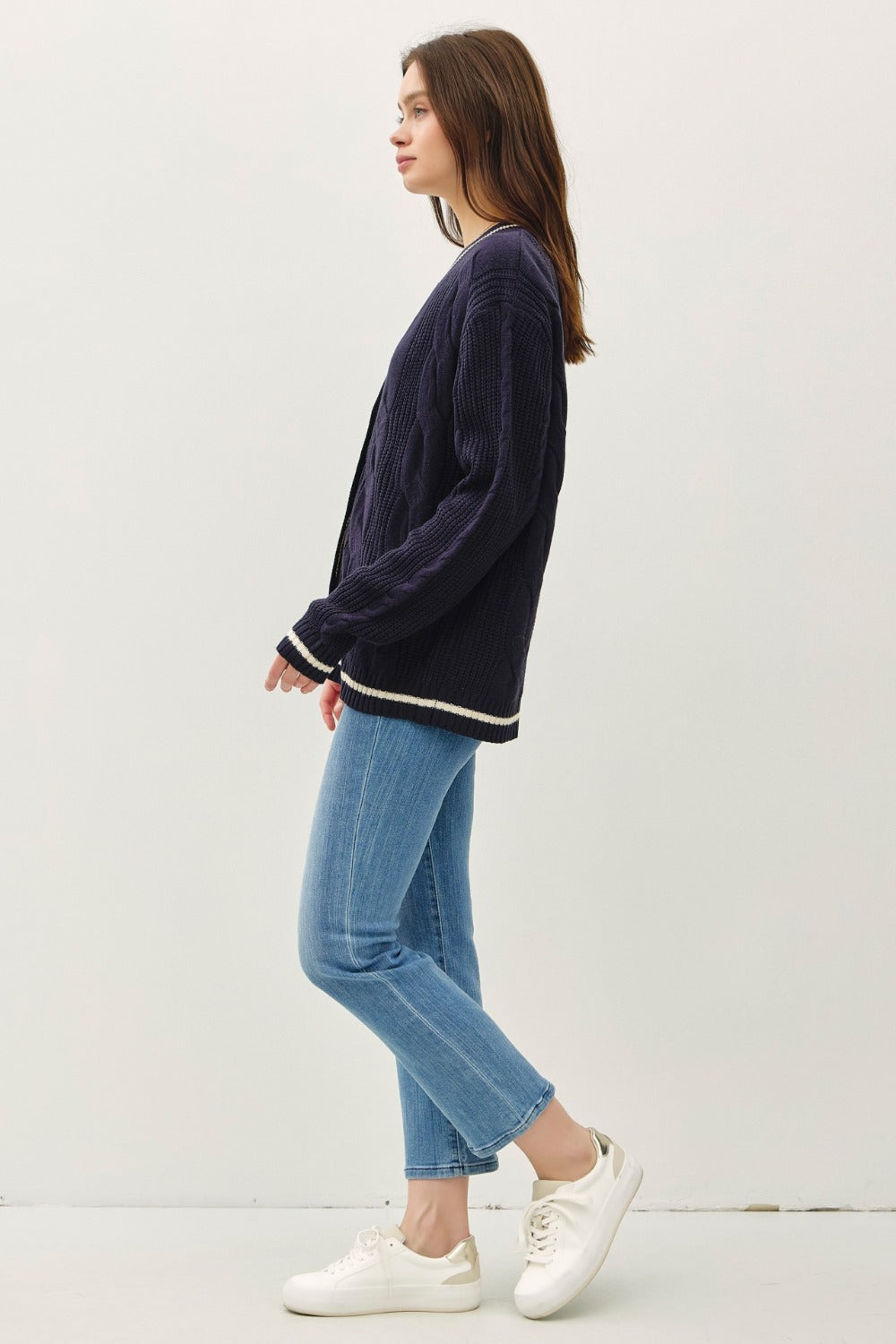 Be Cool Contrast Trim Cable-Knit V-Neck Cardigan Be Cool Contrast Trim Cable-Knit V-Neck Cardigan