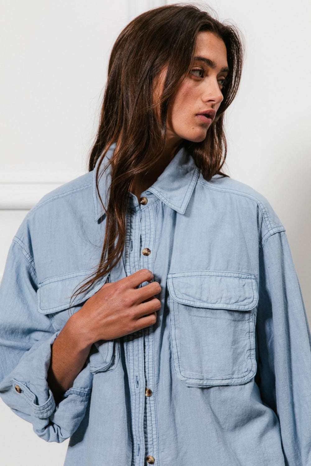 BiBi Button Down Stitch Detail Shirt with Chest Pockets BiBi Button Down Stitch Detail Shirt with Chest Pockets - TopFashionHQ