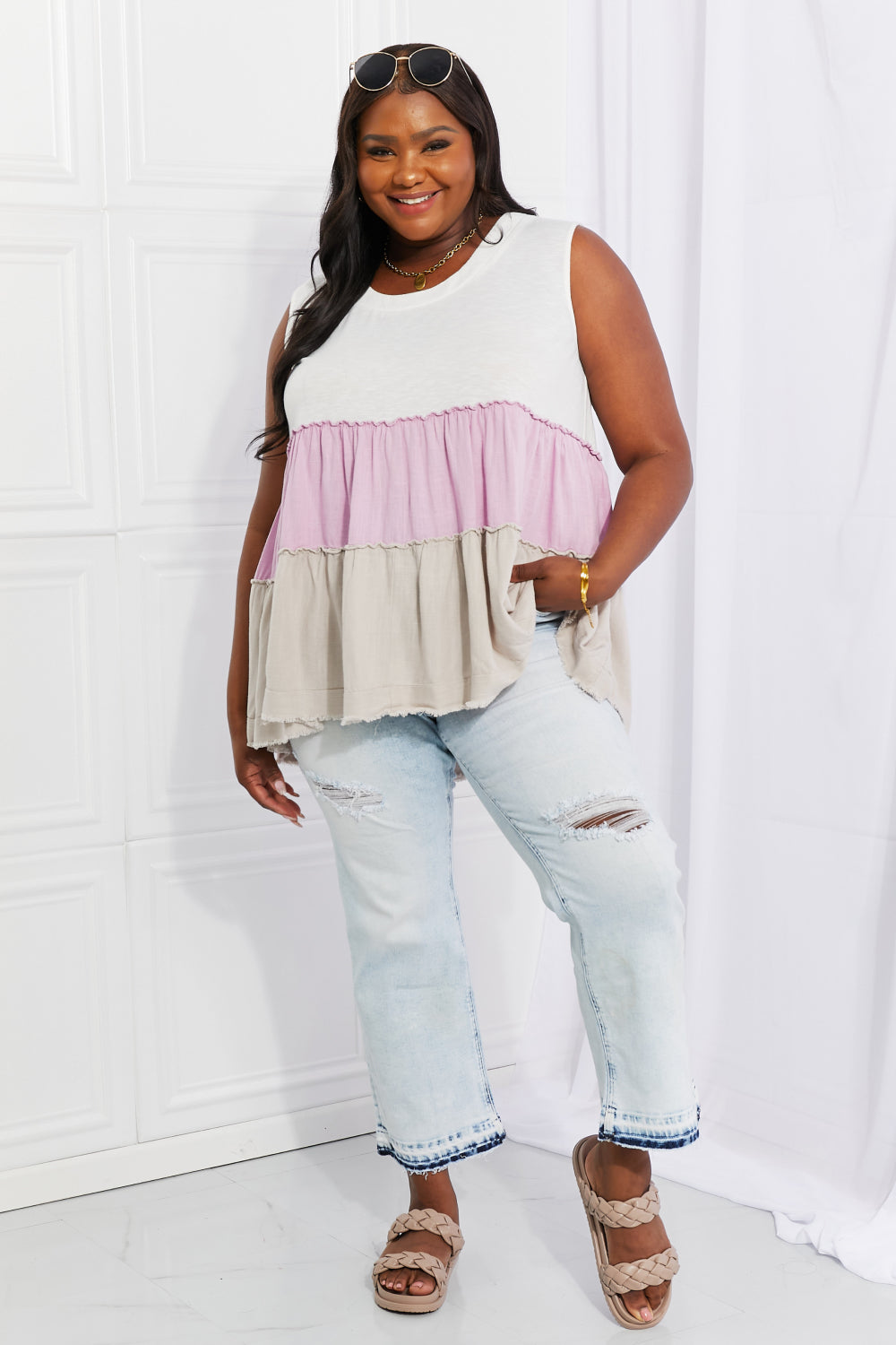 White Birch Full Size Watching the Sunset Color Block Babydoll Top White Birch Full Size Watching the Sunset Color Block Babydoll Top - TopFashionHQ