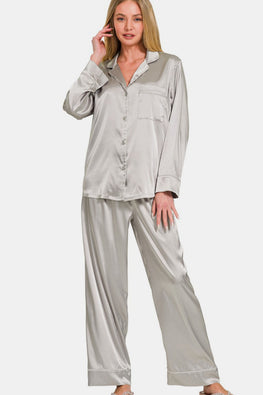 Zenana Satin Long Sleeve Shirt and Pants Pajama Set - TopFashionHQ
