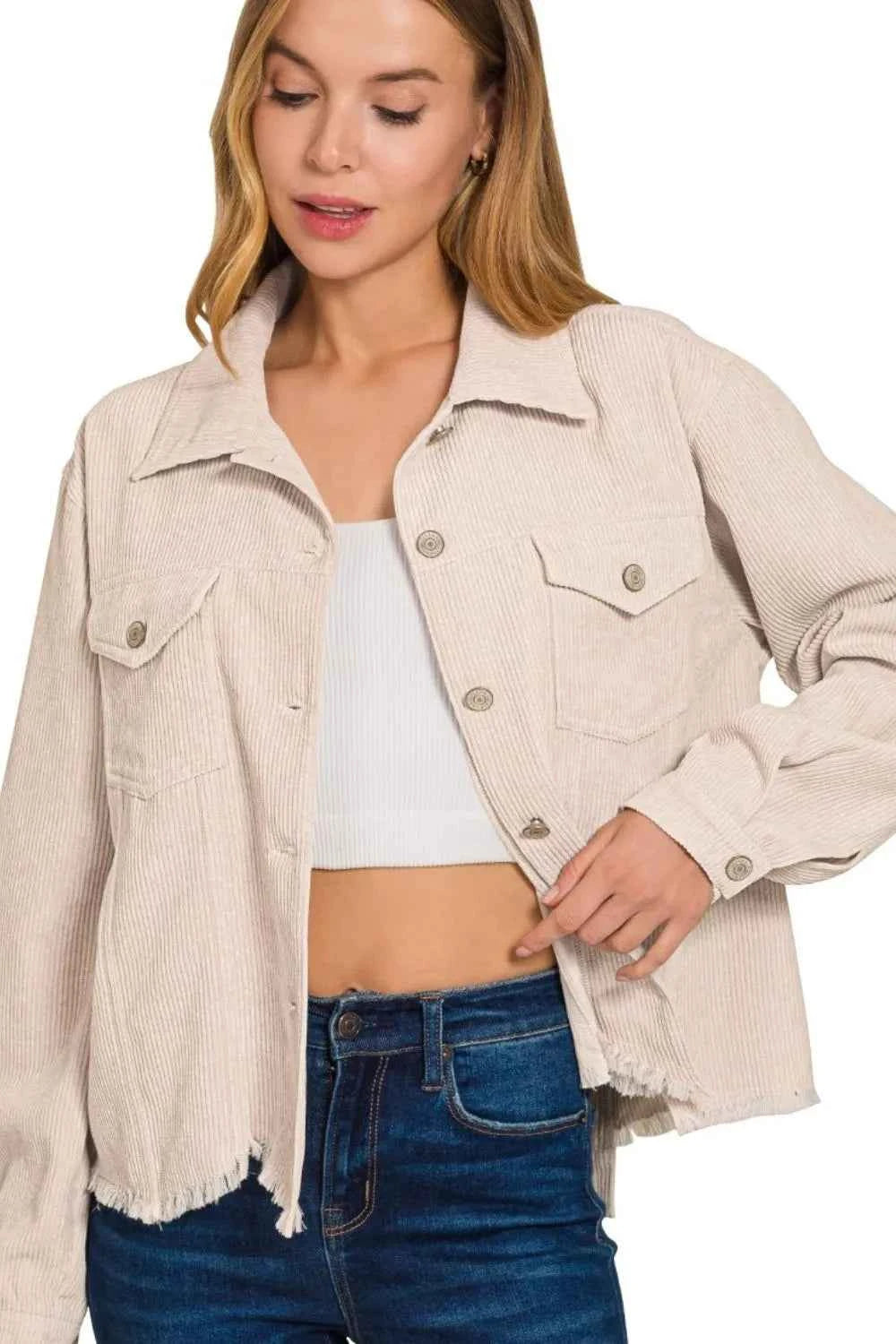 Zenana Distressed Corduroy Frayed Hem Cropped Jacket Zenana Distressed Corduroy Frayed Hem Cropped Jacket