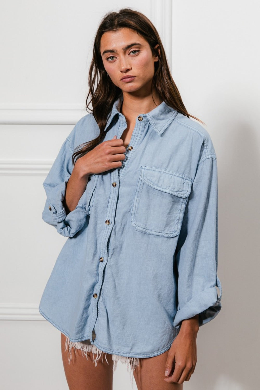 BiBi Button Down Stitch Detail Shirt with Chest Pockets BiBi Button Down Stitch Detail Shirt with Chest Pockets - TopFashionHQ
