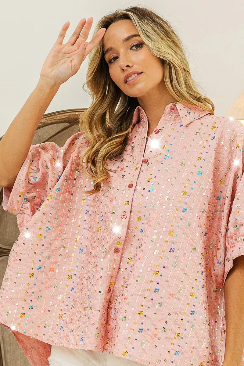 BiBi Sequin Striped Short Dolman Sleeve Blouse 42cef37cbfc441ee9890aad77597f905-Max-Origin