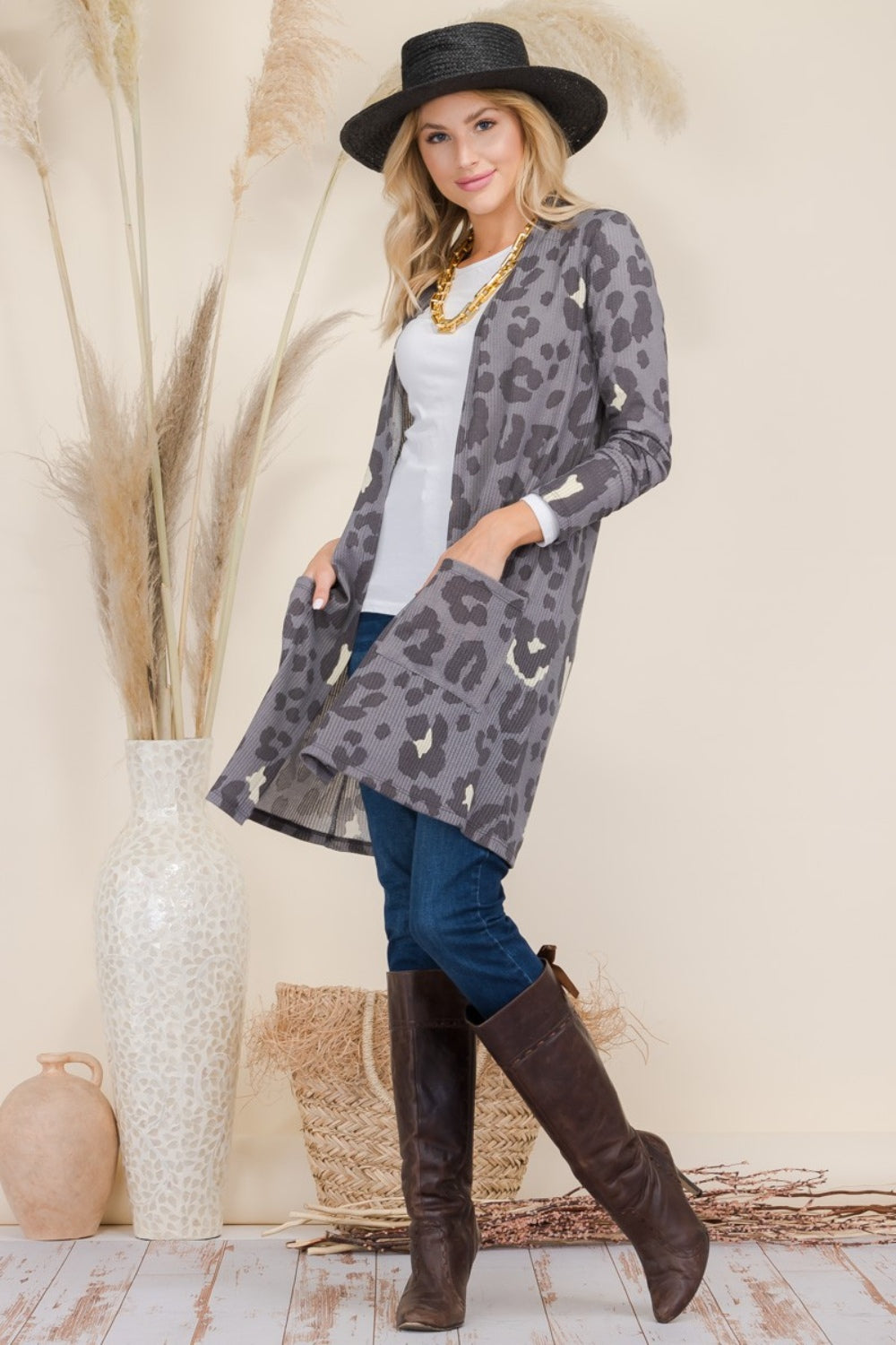 Celeste Full Size Leopard Open Front Contrast Cardigan Celeste Full Size Leopard Open Front Contrast Cardigan - TopFashionHQ