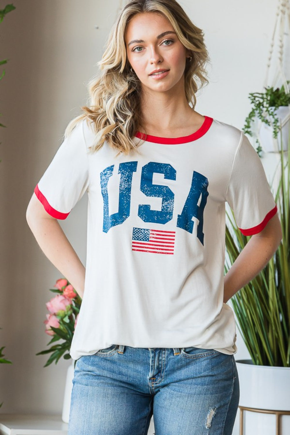 Heimish Full Size USA Contrast Trim Short Sleeve T-Shirt Heimish Full Size USA Contrast Trim Short Sleeve T-Shirt - TopFashionHQ