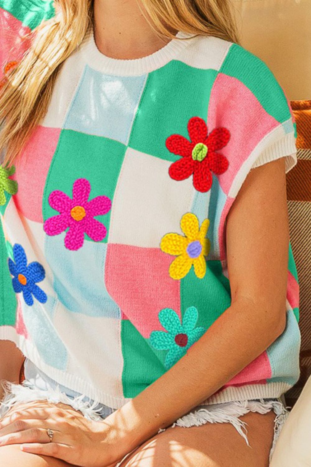 BiBi Flower Patch Checkered Sweater Vest BiBi Flower Patch Checkered Sweater Vest - TopFashionHQ