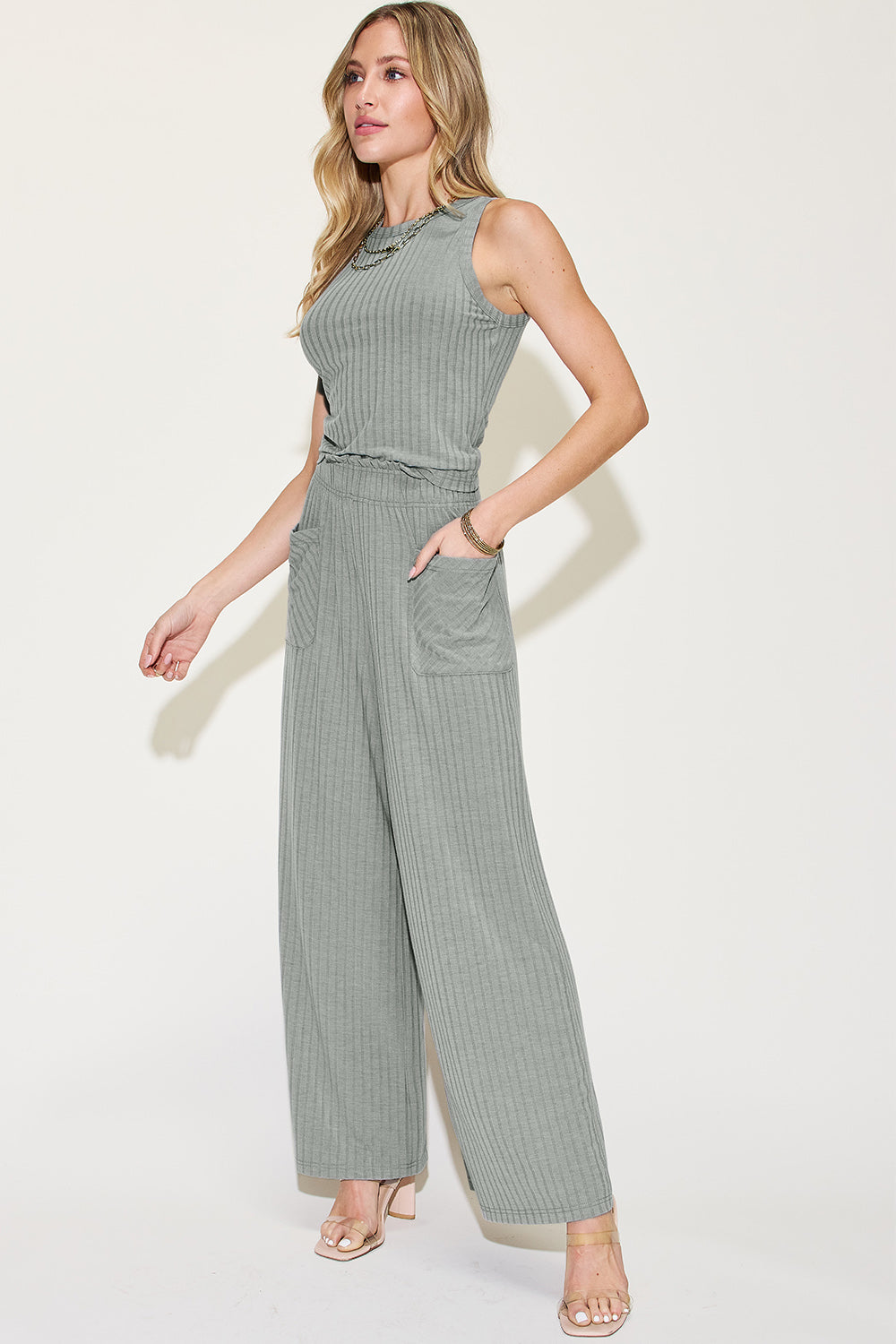 Basic Bae Full Size Ribbed Tank and Wide Leg Pants Set Basic Bae Full Size Ribbed Tank and Wide Leg Pants Set - TopFashionHQ