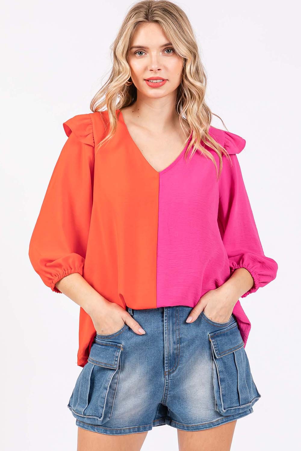 GeeGee Full Size Ruffle Trim Contrast Blouse GeeGee Full Size Ruffle Trim Contrast Blouse - TopFashionHQ