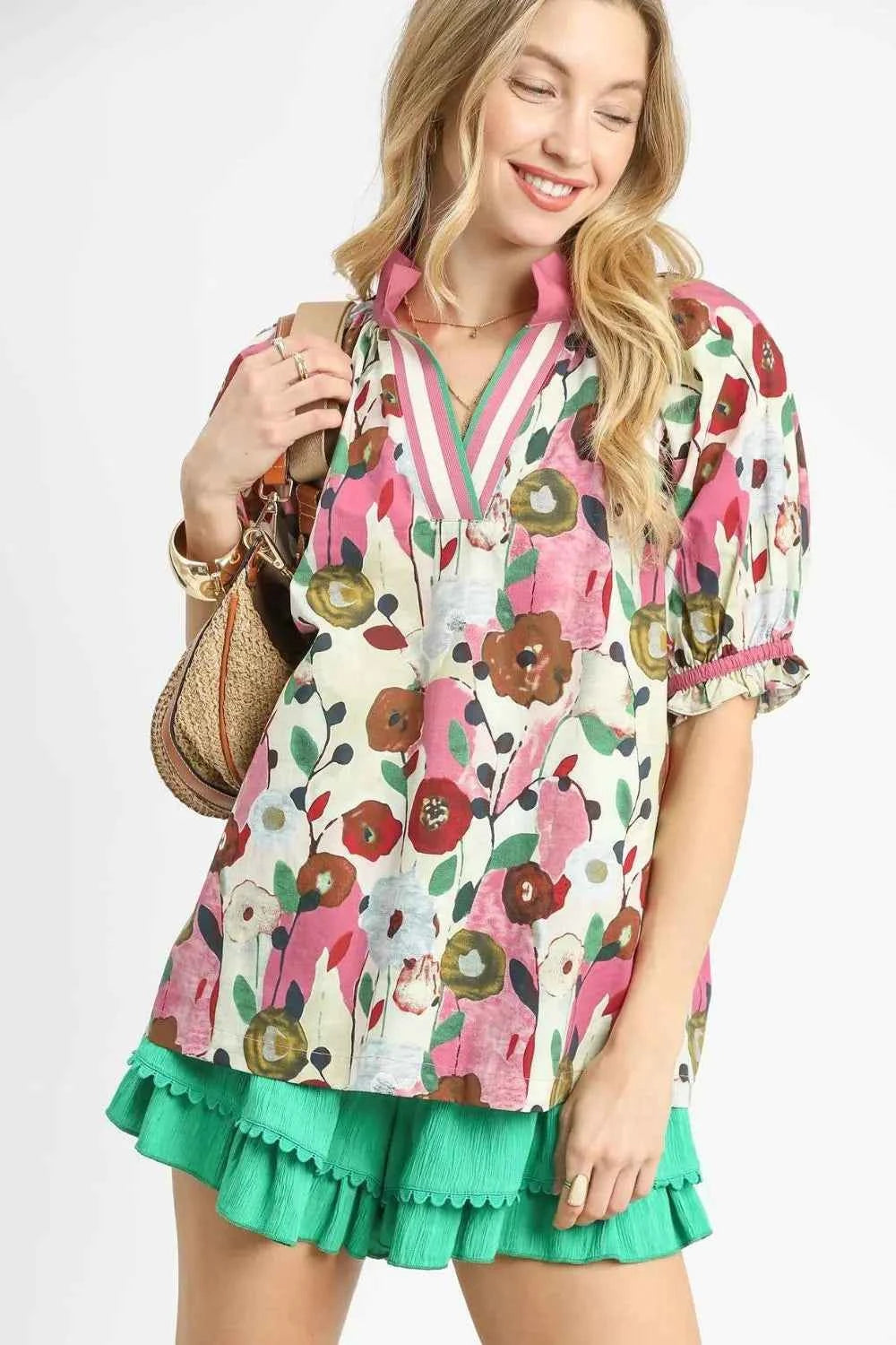Umgee Floral Print Puff Sleeve Oversized Blouse Umgee Floral Print Puff Sleeve Oversized Blouse