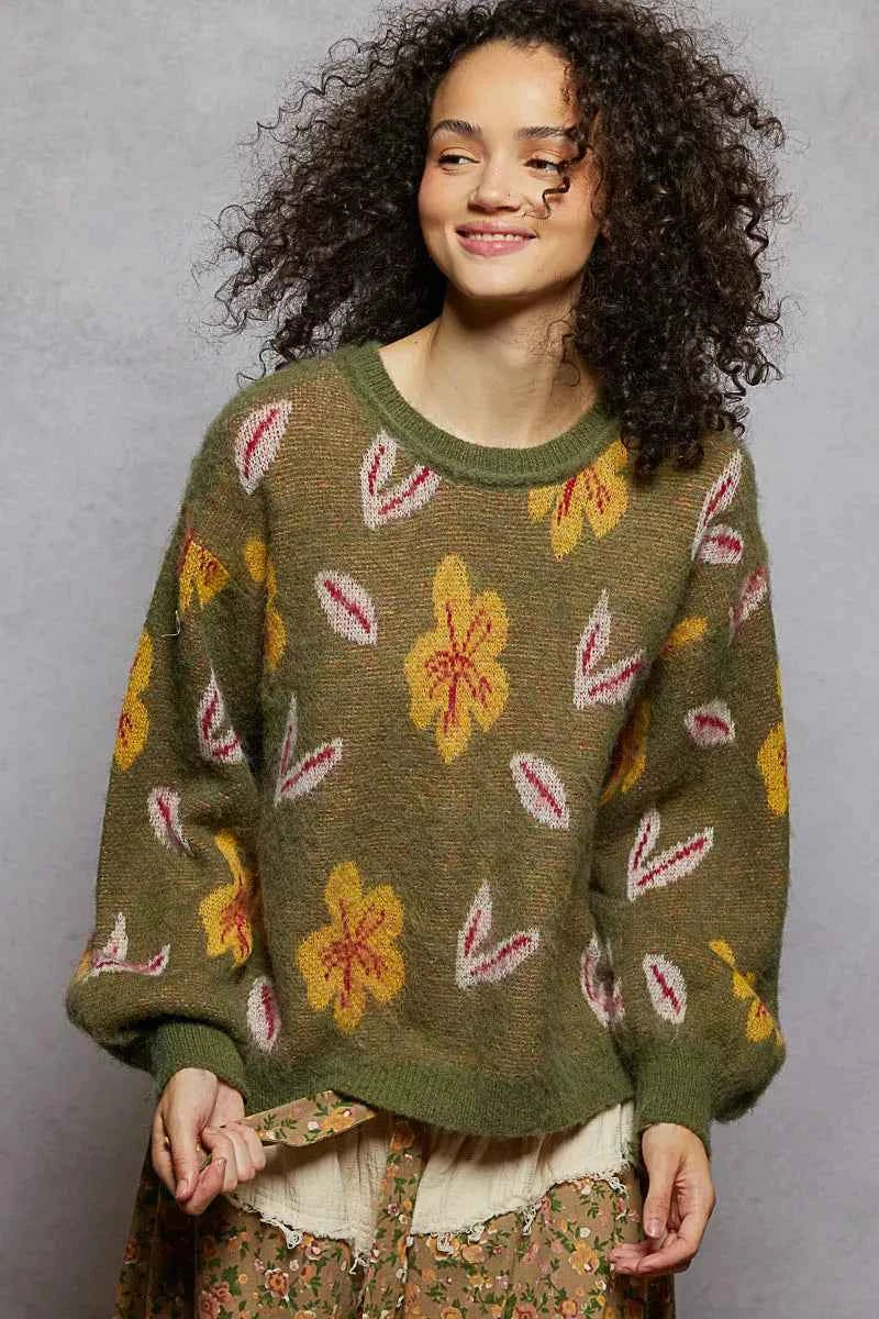 POL Floral Pattern Round Neck Balloon Sleeve Sweater POL Floral Pattern Round Neck Balloon Sleeve Sweater