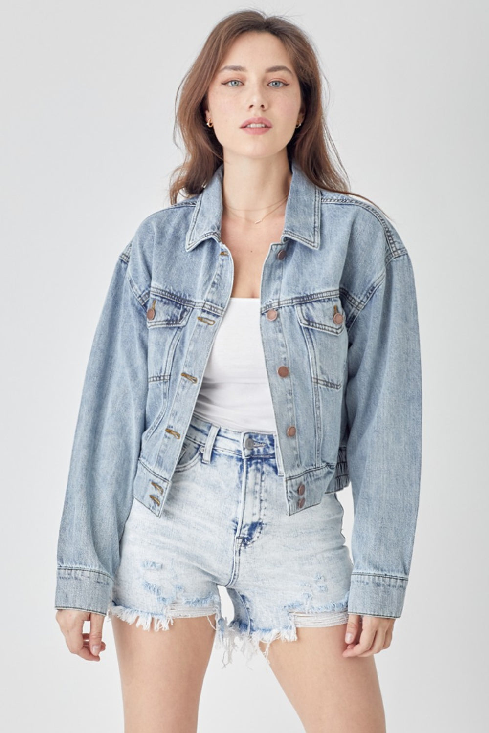 RISEN Full Size Button Down Cropped Denim Jacket RISEN Full Size Button Down Cropped Denim Jacket - TopFashionHQ